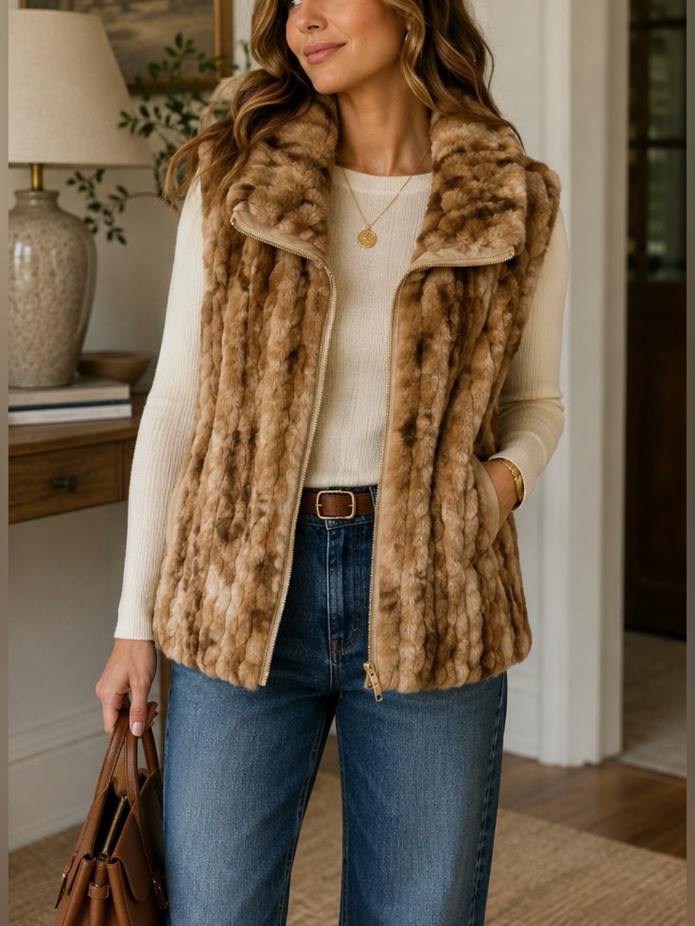 Catherine Malandrino Faux Fur Vest | Tan/Brown | Size M 🤎